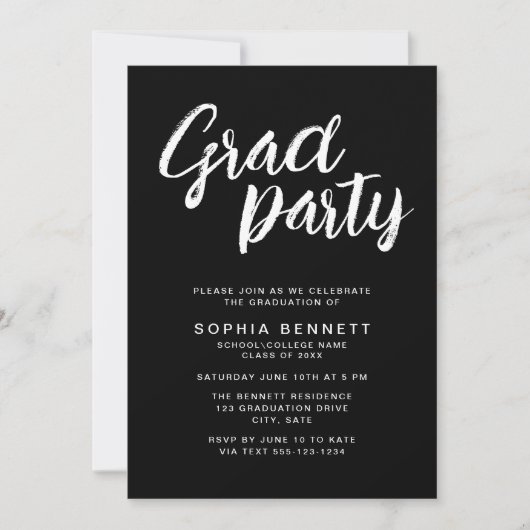 Invitation Brosse chic moderne Script Black & White Grad Part (Devant)