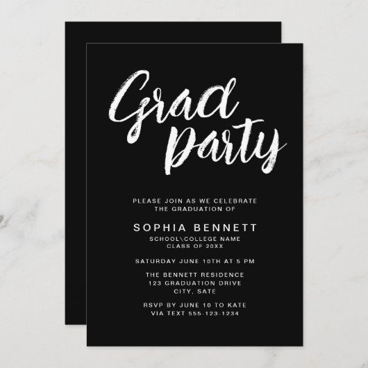 Invitation Brosse chic moderne Script Black & White Grad Part (Devant / Derrière)