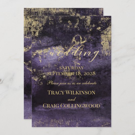 Invitation Brosse d'or sur l'Améthyste profond Mariage d'art  (Devant / Derrière)