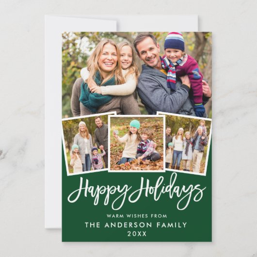 Invitation Brosse Kraft Script 4 Photo Green Holiday Card (Devant)