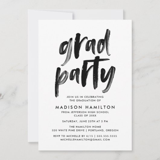 Invitation Brosse moderne Script Black and White Grad Party (Devant)