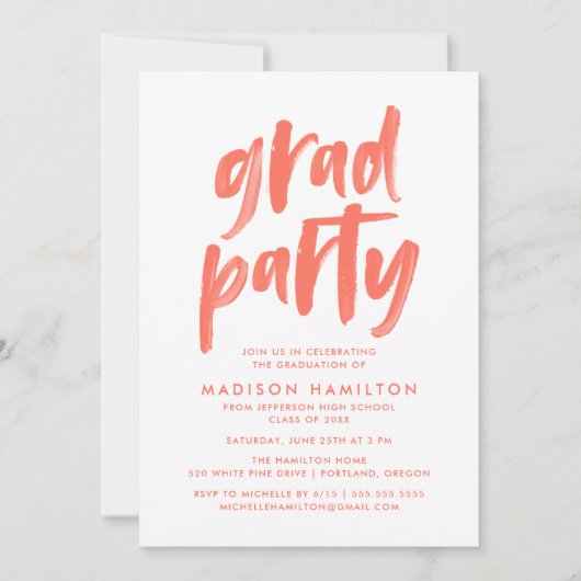 Invitation Brosse moderne Script Coral Graduation Party (Devant)