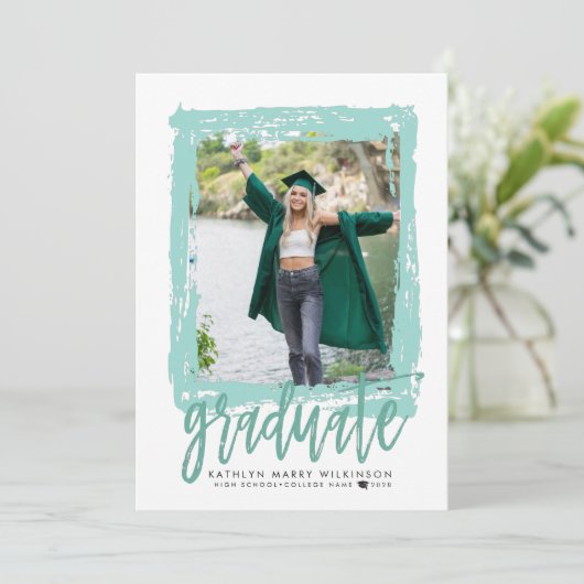 Invitation Brosse moderne Script Mint 2 Photo Graduation Part (Debout devant)