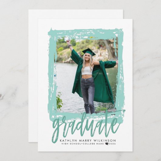 Invitation Brosse moderne Script Mint 2 Photo Graduation Part (Devant / Derrière)