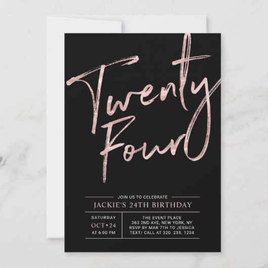 Invitation Brosse moderne Script Rose Gold 24e fête d'anniver (Devant)