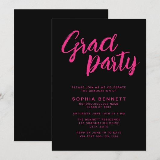 Invitation Brosse moderne tendance Script Black & Pink Grad P (Devant / Derrière)