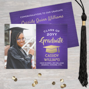 Invitation Brossé Purple et Or Modernité de Graduation Photo
