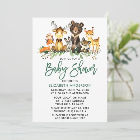 Invitation Brosse Script Aquarelle Bois Animaux Douche (Debout devant)