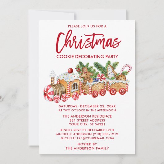 Invitation Brosse Script Noël Cookie Décoration Party Rouge (Devant)