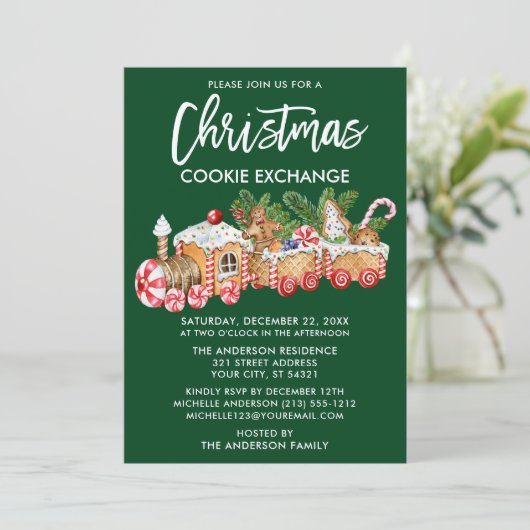 Invitation Brosse Script Noël Cookie Exchange Green (Debout devant)