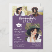 Invitation Brosse violet moderne 3 photos graduation (Devant)
