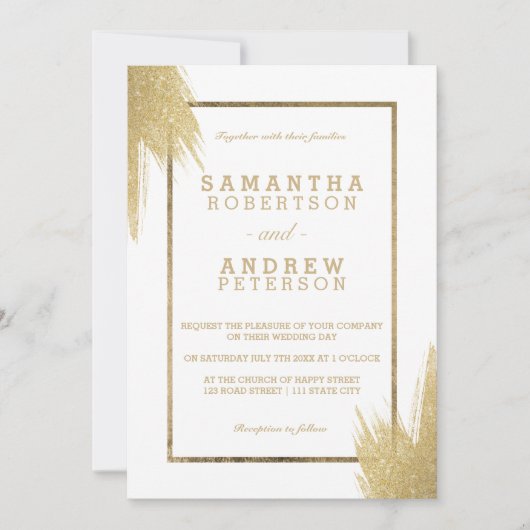 Invitation Brosses d'or simple mariage blanc (Devant)