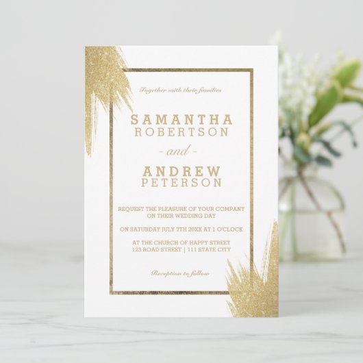 Invitation Brosses d'or simple mariage blanc (Debout devant)