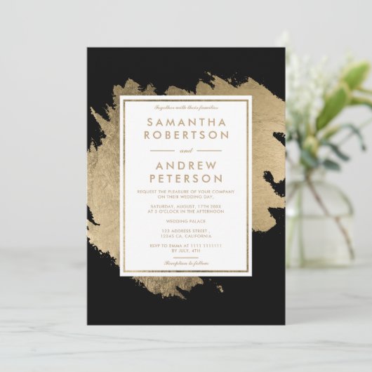 Invitation Brosses or moderne noir blanc chic mariage (Debout devant)