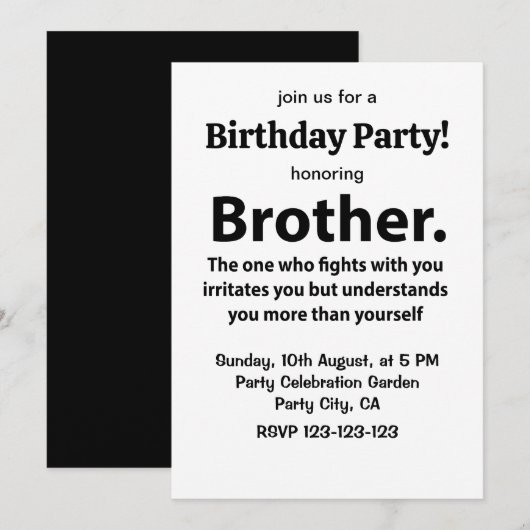 Invitation Brother Typographie Anniversaire Fête Frère (Devant / Derrière)