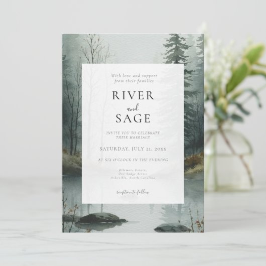 Invitation Brouillard Éternel | Forêt Rustique à l'Aquarelle  (Debout devant)