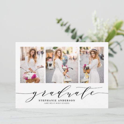 Invitation Broussailler Dainty Script Trois Photo Graduation  (Debout devant)
