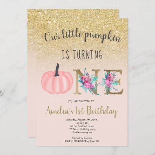 Invitation Broussailleux automne or petit citrouille 1er anni (Devant / Derrière)