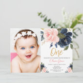 Invitation Brousse bleu marine dorée 1ère photo d'anniversair (Debout devant)