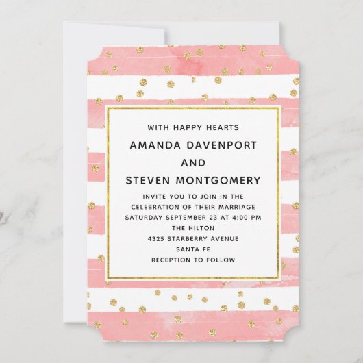 Invitation Brousse rose avec Mariage Confetti Or (Devant)