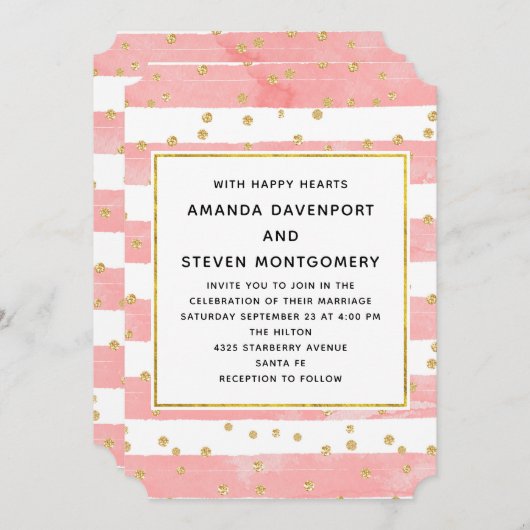 Invitation Brousse rose avec Mariage Confetti Or (Devant / Derrière)