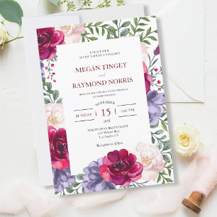Invitation Brousset Bourgogne et Mariage de cadre floral bleu