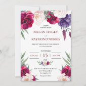 Invitation Brousset Bourgogne et Mariage floral bleu Peony (Devant)