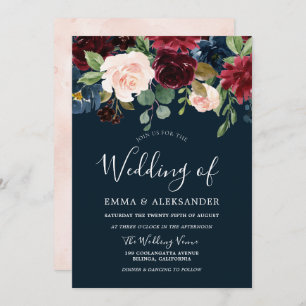 Invitation Brousset Bourgogne et Mariage floral marine