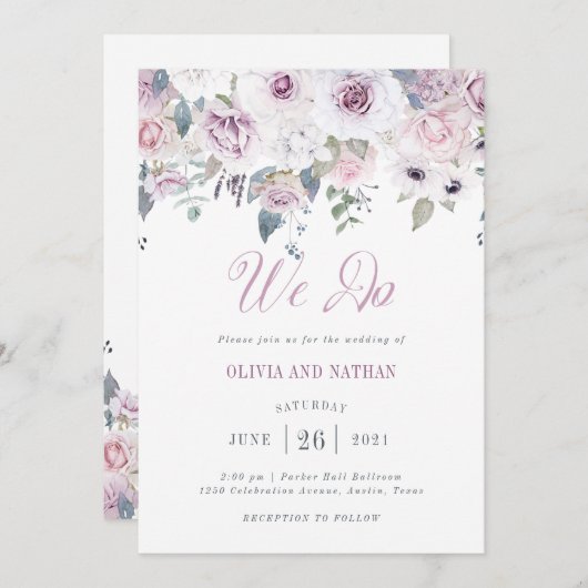 Invitation Broussette violette| Mariage floral (Devant / Derrière)