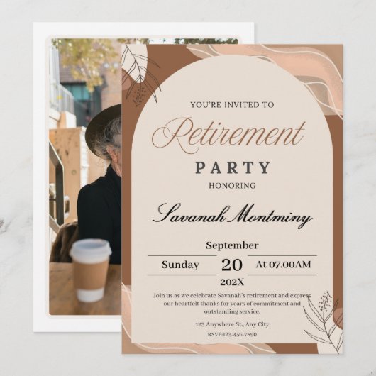 Invitation Brown and Cream Aesthetic Retirement Party Photo  (Devant / Derrière)
