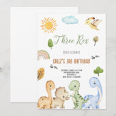 Invitation Brown And Green Dinosaur Three Rex 3rd Birthday  (Devant / Derrière)