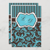 Invitation Brown, Aqua, White Striped Mariage damassé Invitat (Devant / Derrière)