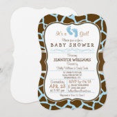 Invitation Brown, Baby shower Poster de animal Blue Giraffe (Devant / Derrière)
