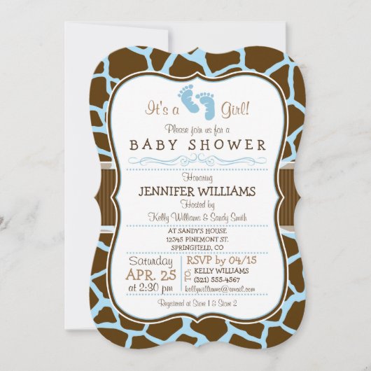 Invitation Brown, Baby shower Poster de animal Blue Giraffe (Devant)