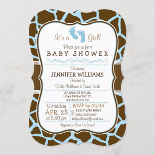 Invitation Brown, Baby shower Poster de animal Blue Giraffe
