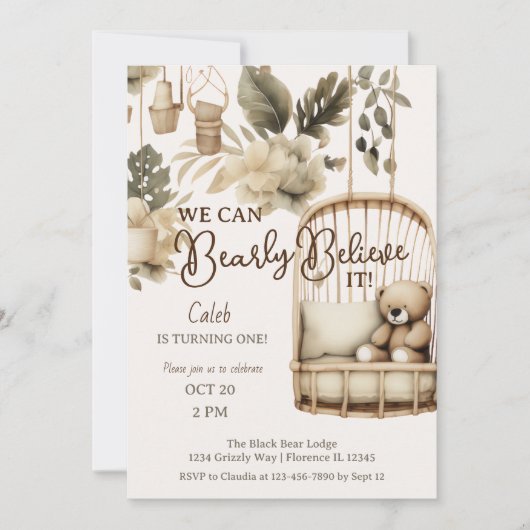 Invitation Brown Bear boho botanique premier anniversaire (Devant)
