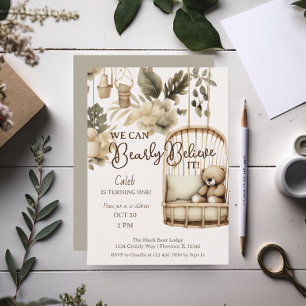 Invitation Brown Bear boho botanique premier anniversaire