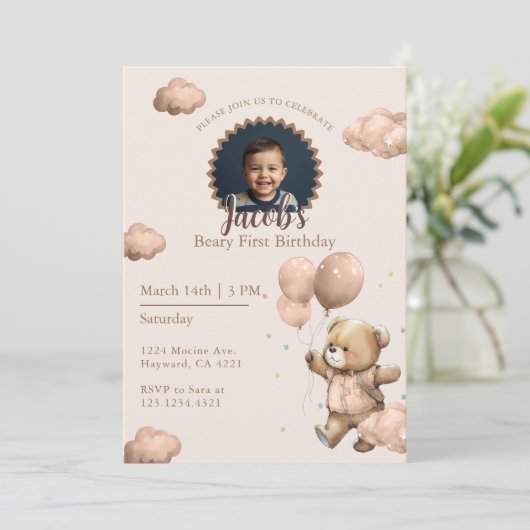 Invitation Brown Beary First Birthday Boy Photo (Debout devant)