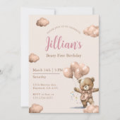 Invitation Brown Beary First Birthday Girl (Devant)