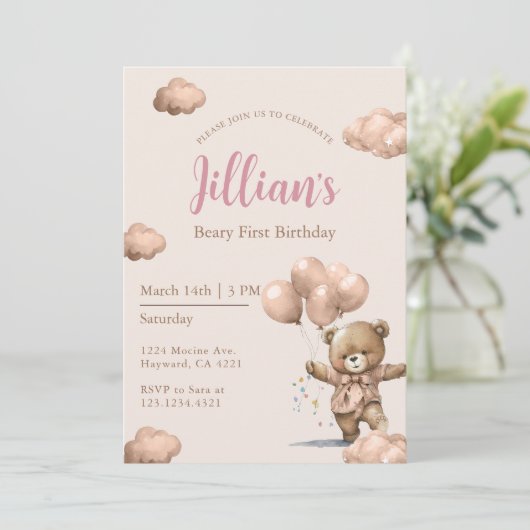 Invitation Brown Beary First Birthday Girl (Debout devant)