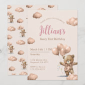 Invitation Brown Beary First Birthday Girl (Devant / Derrière)