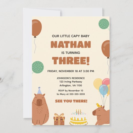 Invitation Brown bébé Capy Capy Capybara Enfants Amusants Ann (Devant)