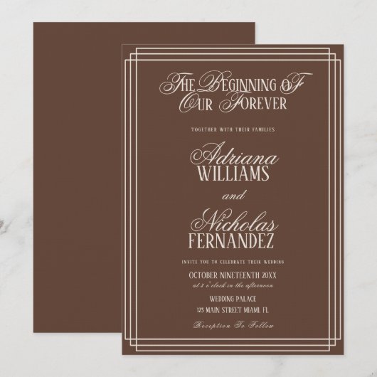 Invitation Brown Beginning Of Our Forever Timeless Wedding (Devant / Derrière)