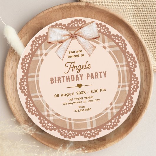 Invitation Brown beige bow plaid birthday