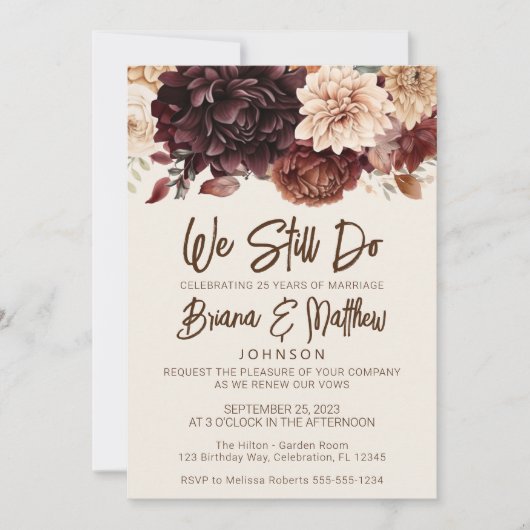 Invitation Brown Beige ivoire Floral Mariage Renouvellement V (Devant)