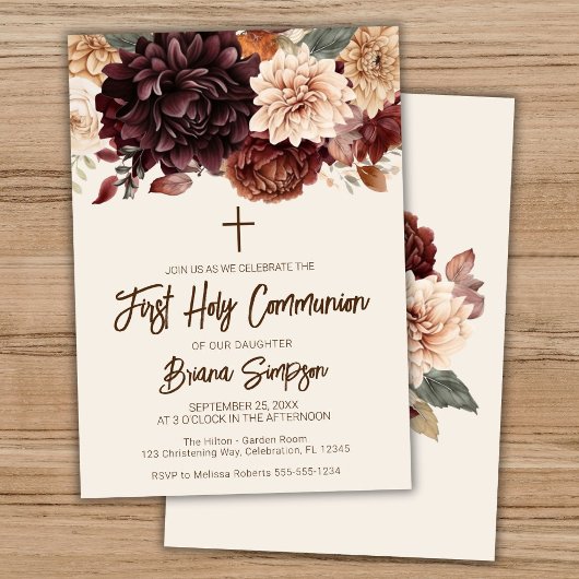 Invitation Brown Beige ivoire Floral Première Communion saint