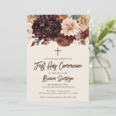 Invitation Brown Beige ivoire Floral Première Communion saint (Debout devant)