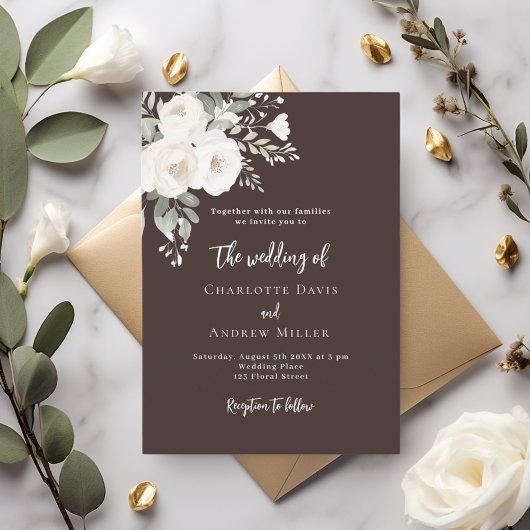 Invitation Brown bistre blanc roses mariage