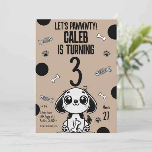 Invitation Brown & Black Fish Bones Chien Chien Chien Chien C (Debout devant)