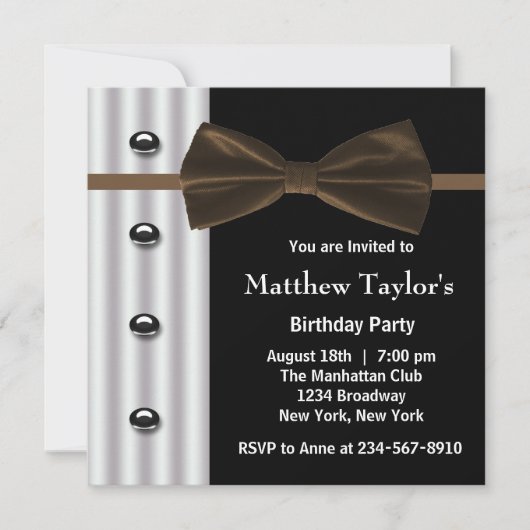 Invitation Brown Black Tuxedo Bow Cravate Hommes fête d'anniv (Devant)